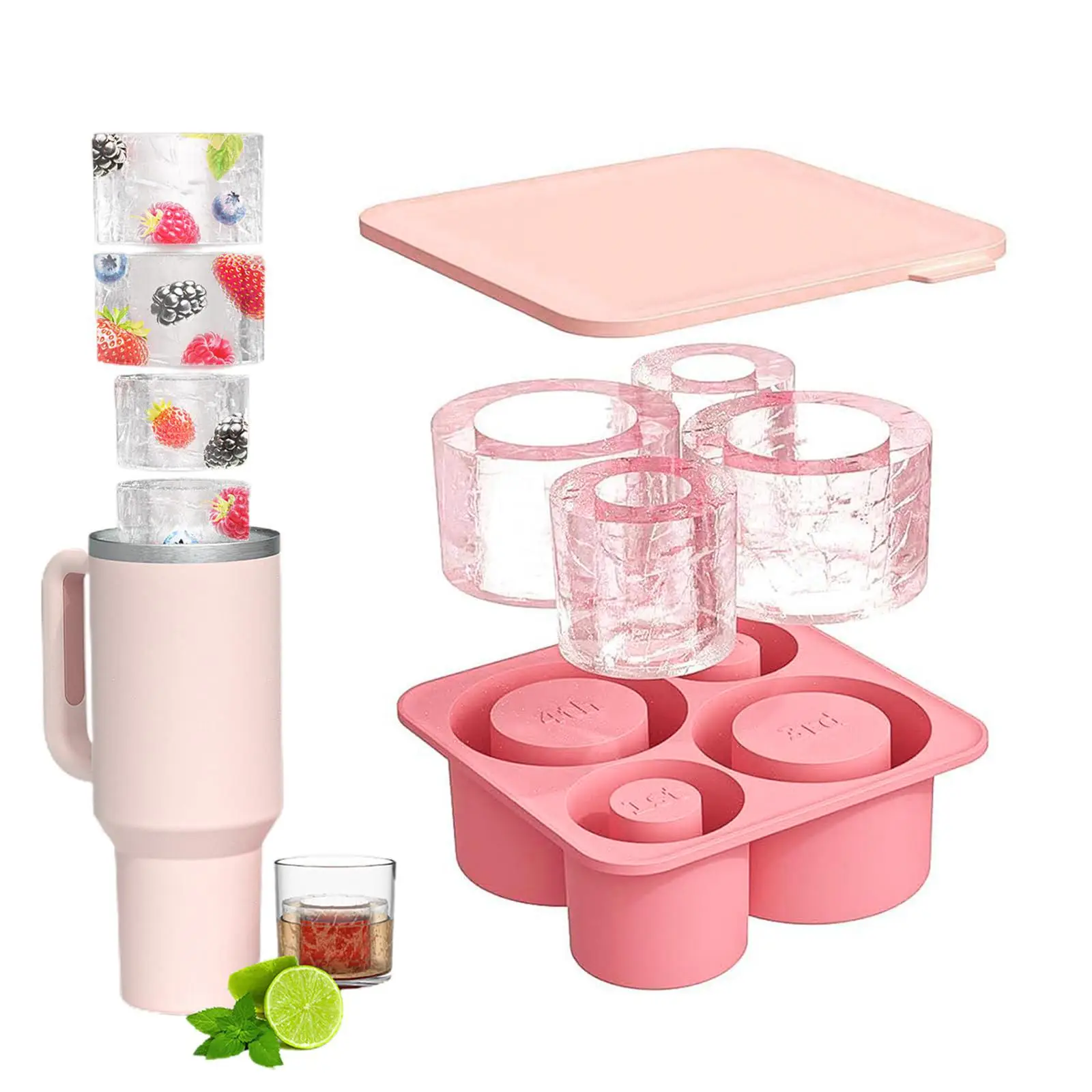 Cup Shaped Ice Cube Mold with Lid, 1 Count 4-grid Silicone Ice Cube Mold, for 20oz 30oz 40oz Cup, Reusable Ice Cube Maker for Home Kitchen, Kitchen Ga