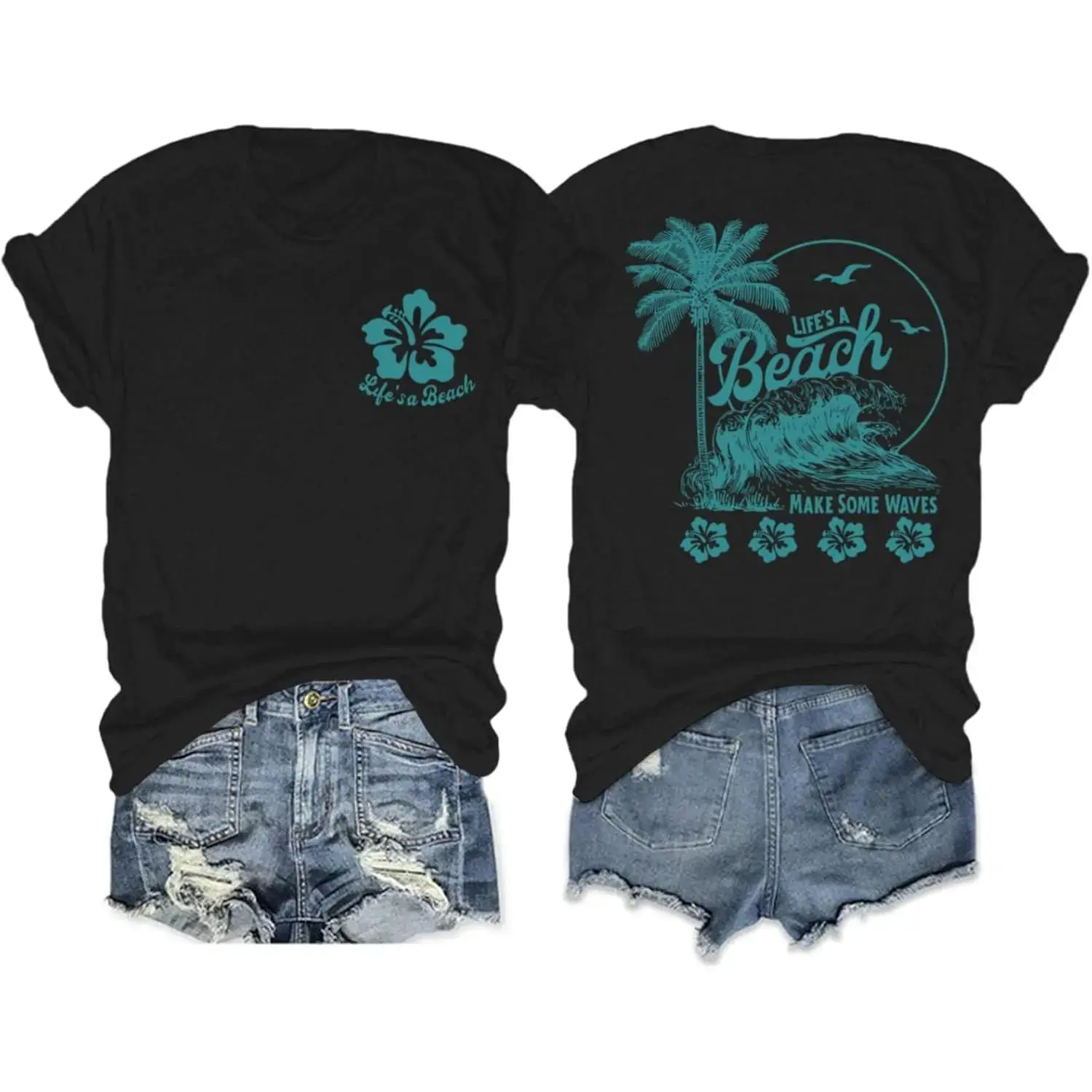Women's Cotton Casual Tropical Graphic Tee - Round/Crew Neck Short-Sleeve T-Shirt, Lightweight Hawaiian Beach Top with Hibiscus, Palm Tree, Floral Designs for Summer Vacation Womenswear Crewneck Shortsleeve
