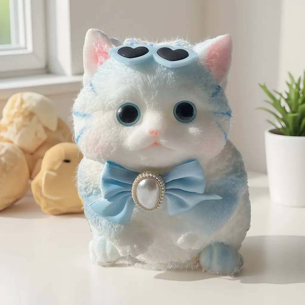 Flocked Blue Cat Squishy Toy with Sunglasses - Latex Rubber Collectible, Soft Slow Rebound Unisex Stress Relief Fidget Toy for 12+ Years, Nitrosamine-Free, Phthalate-Free, Memory Training Tool, Decoration Accessory, No Battery Needed