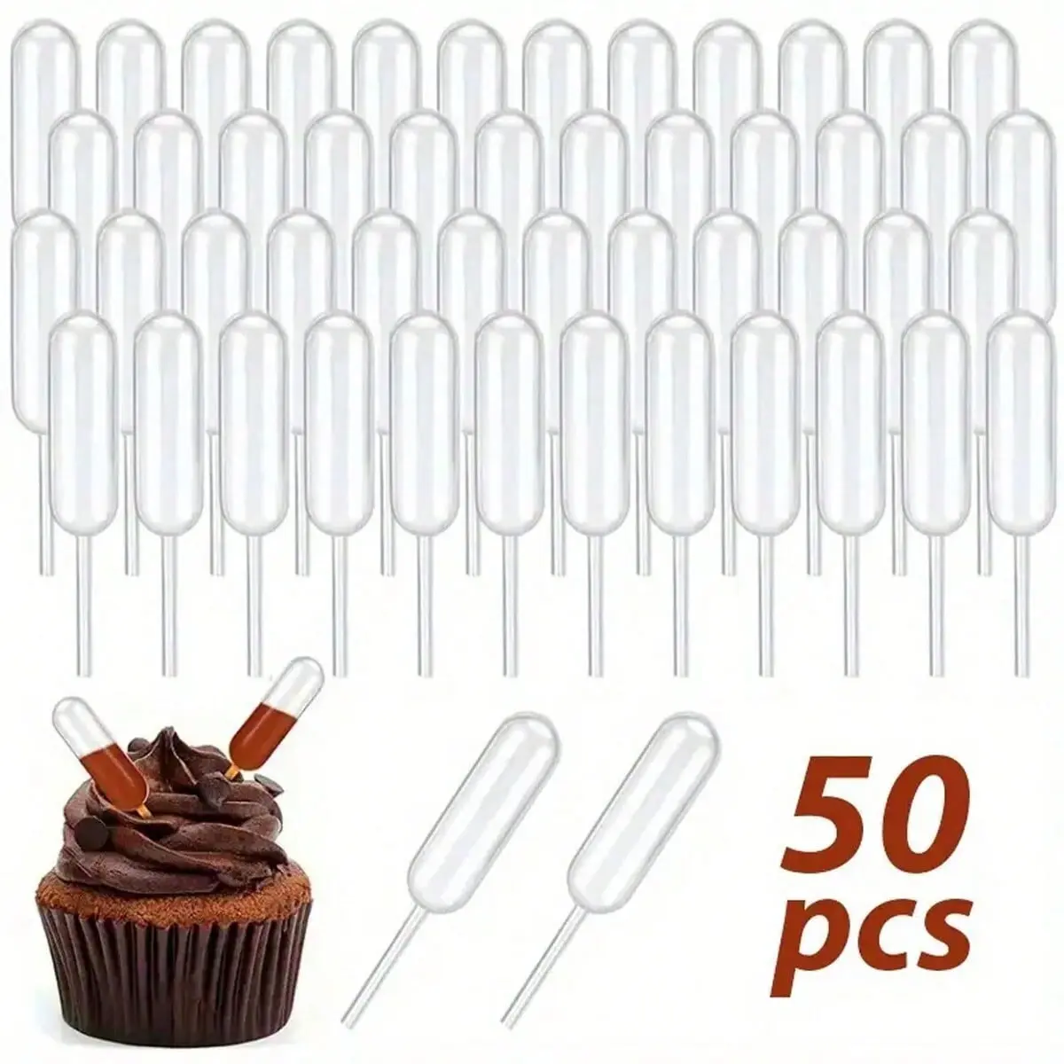 Cupcake Pipettes, 50 Pcs 4 ml Clear Plastic Dropper Pipettes, Suitable for Cupcakes, Ice Cream, Mini Cakes, Waffles, Pastry Decorating Tools, Cake Decoration Tools, Baking Accessories, Baking Supplies