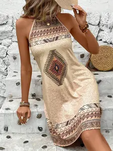 Women's Ethnic Geometric Print Halter Neck Mini Dress, Sleeveless Bohemian Loose Fit Dress, Beach Vacation Summer Casual Wear, Womenswear