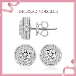 Delzzad Round VVS Moissanite Hip Hop Iced Out Halo Stud Earrings Moissanite Jewelry Perfect Birthday Anniversary Gift for Women Accessories Men Studearrings
