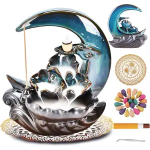 Handmade Ceramic New Moon Backflow Incense Holder - Fountain Burner, Scented Smoky Ambiance Fragranced Ready-to-Use Incense Holders Kit with 100 Cones, Fragrance Stick, Mat for Home Aromatherapy Decoration, Scented Incense Holders