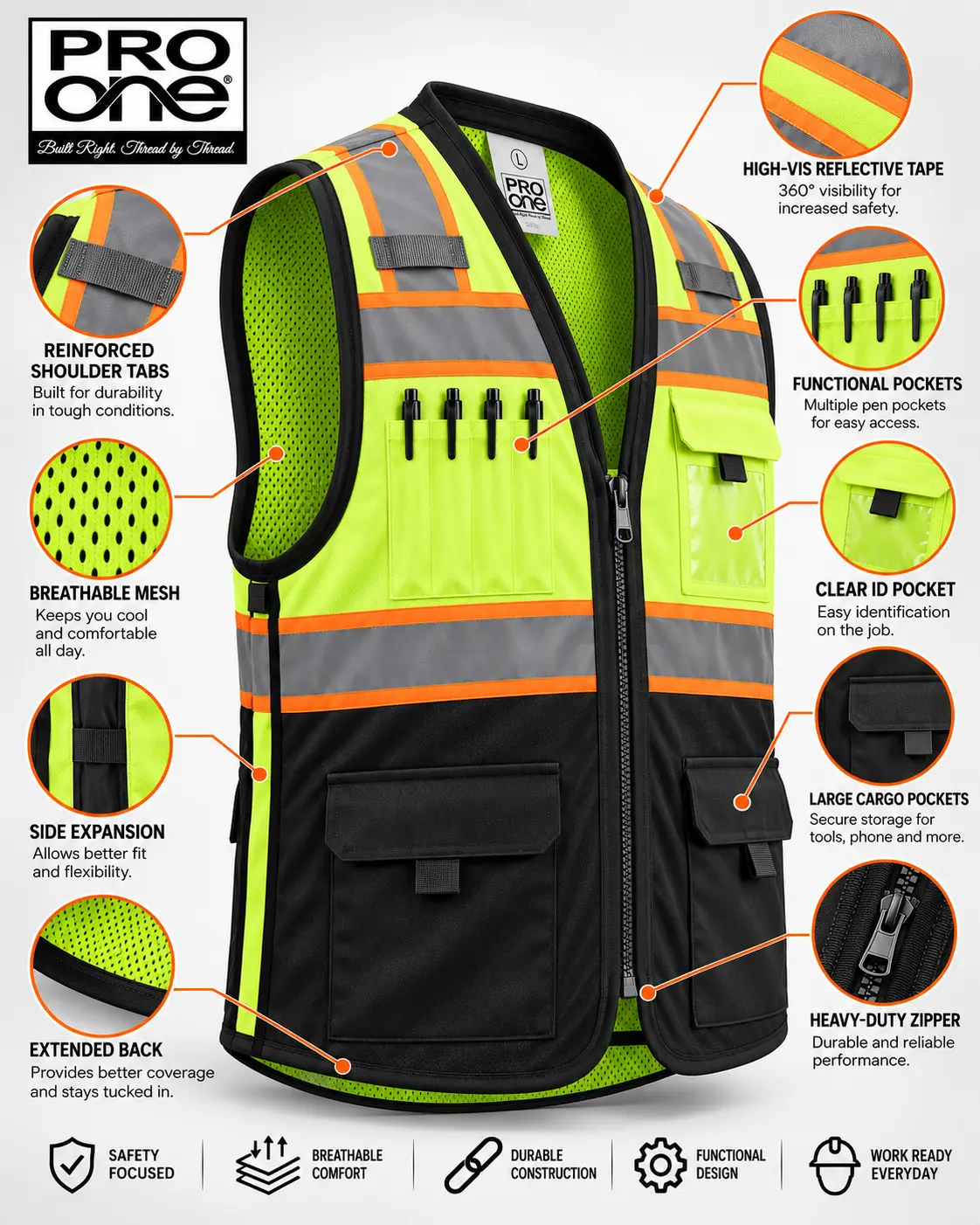 Pro One High-Vis Reflective Safety Vest for Trade Jobs - SV802Z Pro One High-Vis Reflective Safety Vest for Trade Jobs - SV802Z
