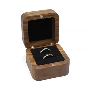 Personalized Wooden Ring Box, Mini Engagement Ring Holder, Single Slot, Square Wedding Rings Box, Elegant Retro Design for Weddings