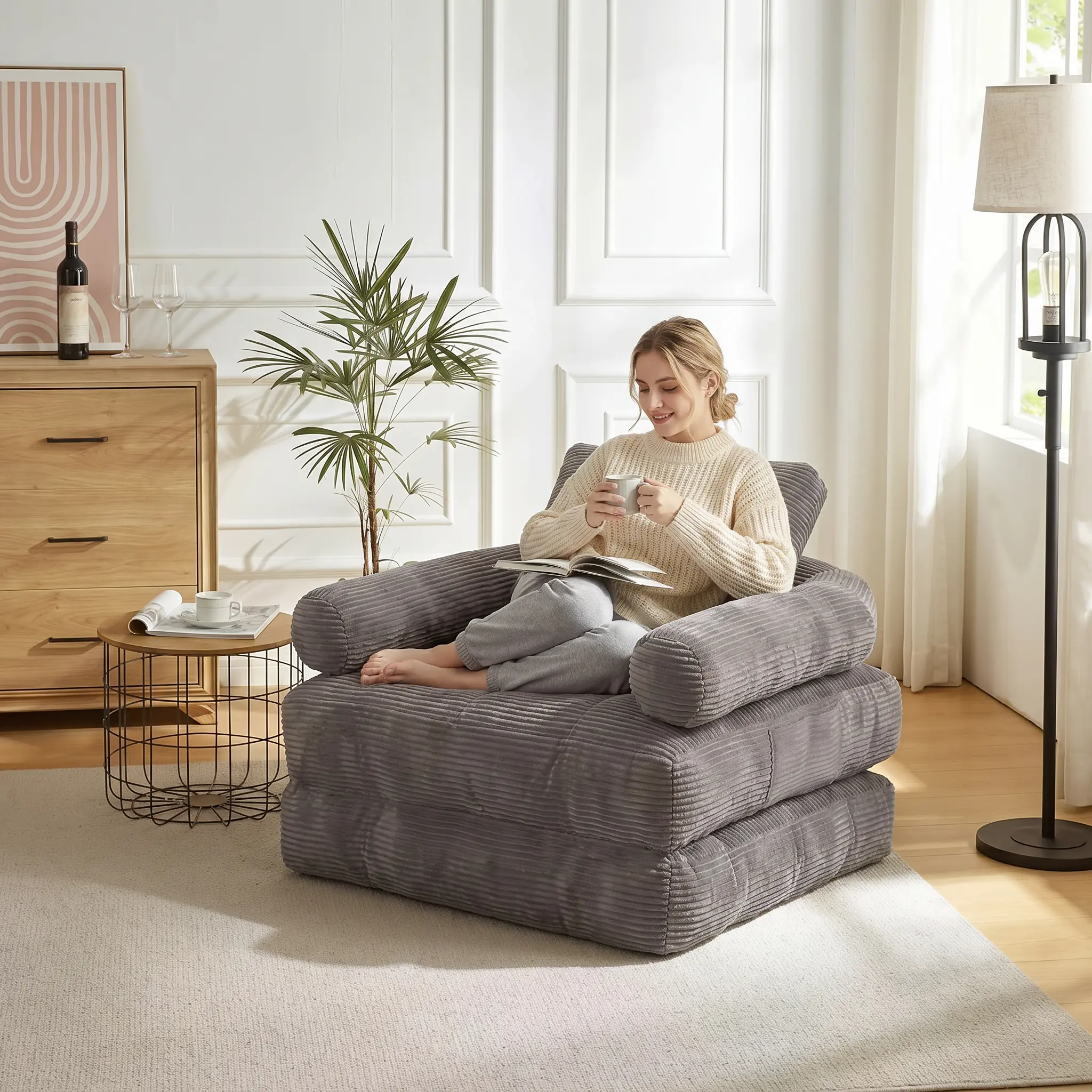 Living room sofa: 2-in-1 convertible armless sofa bed; no assembly, roll-packed corduroy chaise lounge with adjustable backrest; seat sleeper chair bed for bedroom; small couch; mini couch for bedroom; apartment furniture