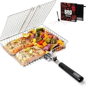 Stainless Steel Large Folding Grilling Basket, Portable Outdoor Camping for Fish, Shrimp, Vegetables & Barbeque Grill Cooking Accessories Set Utensils Steel Grill Basket