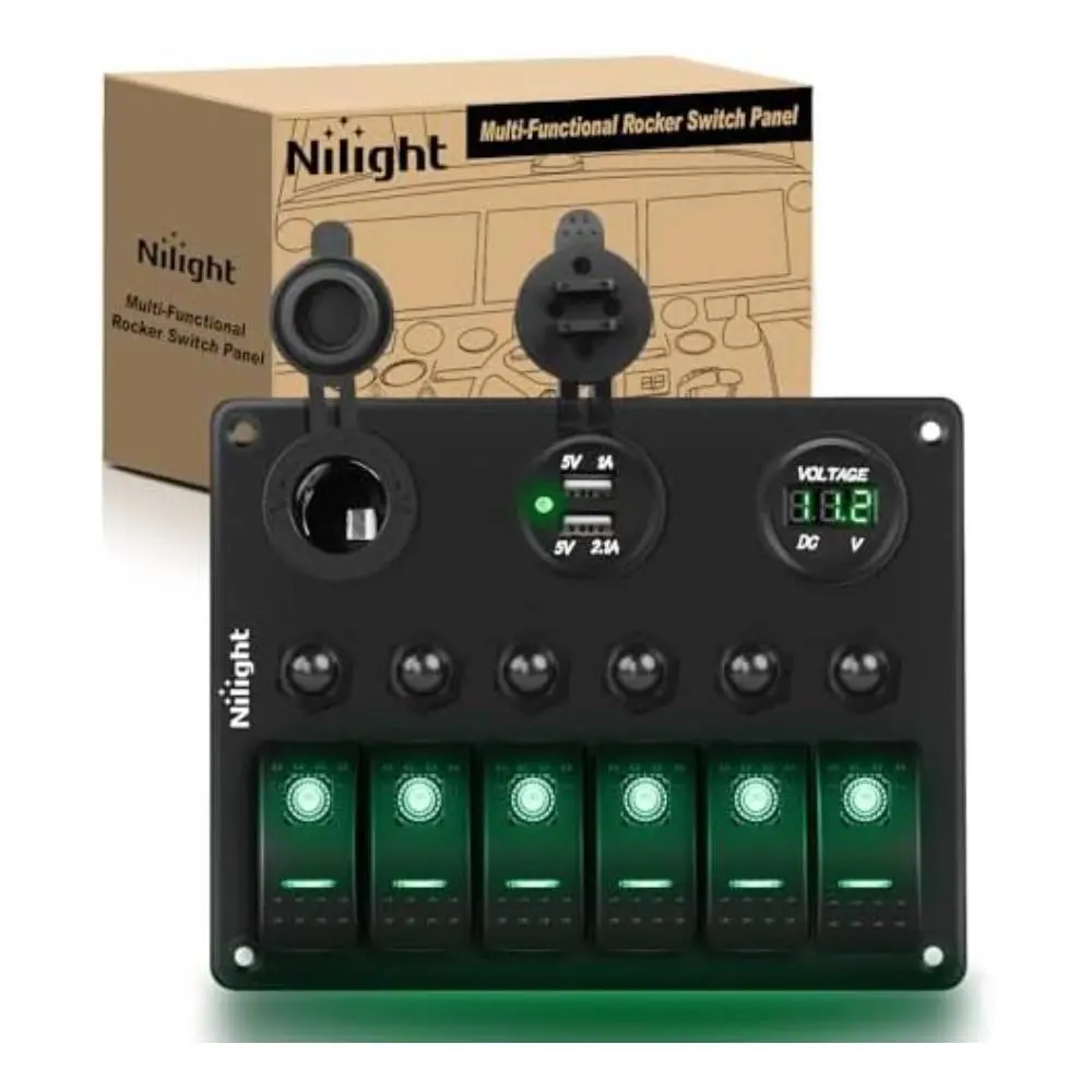 Nilight 6-Gang Toggle Rocker Switch Panel for Circuit Control - 12-24V DC Input, LED Digital Voltmeter, Dual USB Charger Socket with Overload Protection, ABS Plastic Lighting Accessory with LED Lights for Cars, Trucks