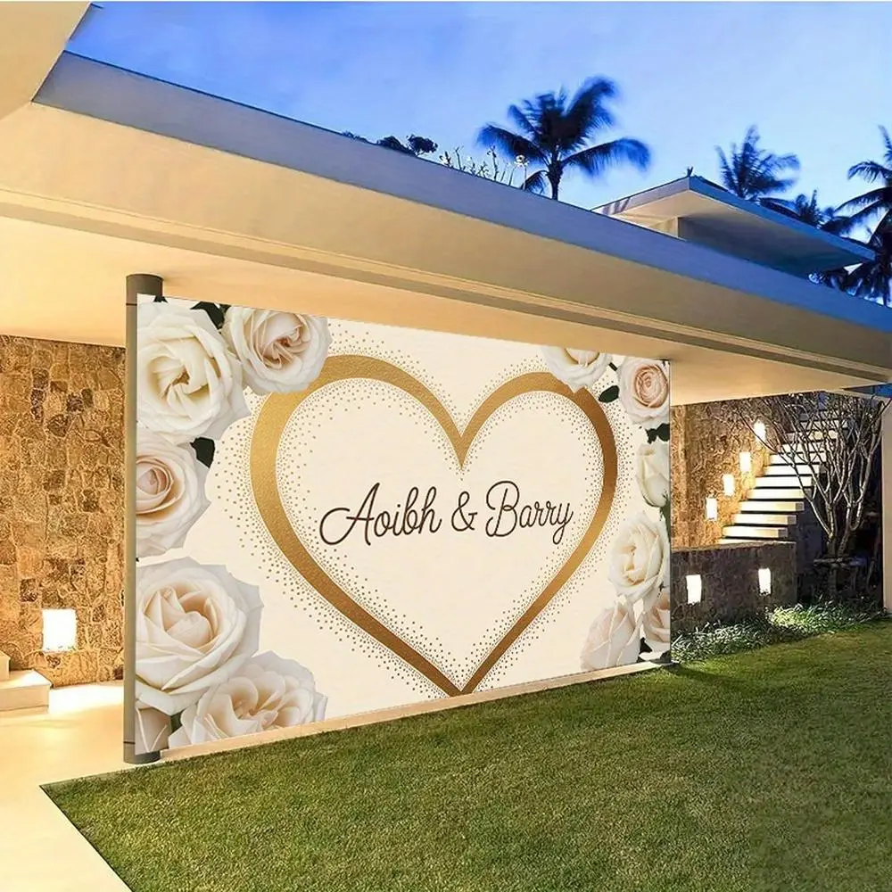 1PC Custom 2D Flat Wedding Decorative Banner - Romantic White Rose, Gold Heart Design, Personalized with Couple's Names, Reusable Polyester Backdrop, Ideal for Wedding Ceremony, Birthday Photo Use (Indoor/Outdoor)