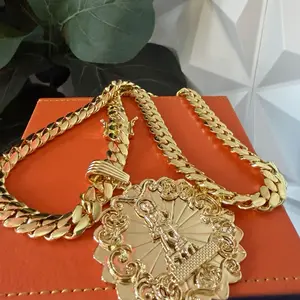Lazaro 14k Gold Bonded Cuban Link and Pendant 5x Plated