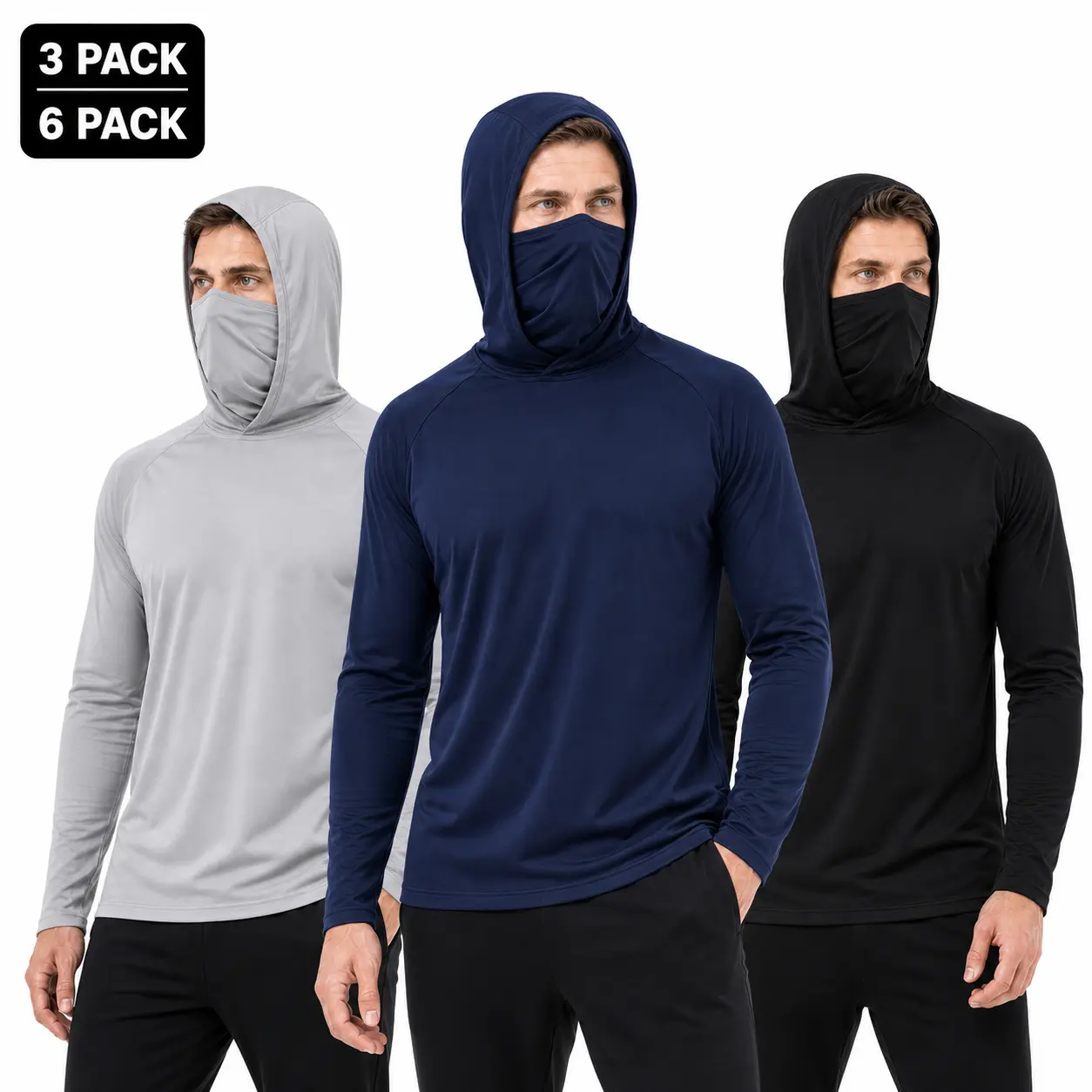 Men's Hooded Shirts, 3/6-Pack Lightweight Quick-Dry Long Sleeve with Integrated Built-In Face Mask for Outdoor Work, Fishing & Hiking, Long Sleeve Shirt