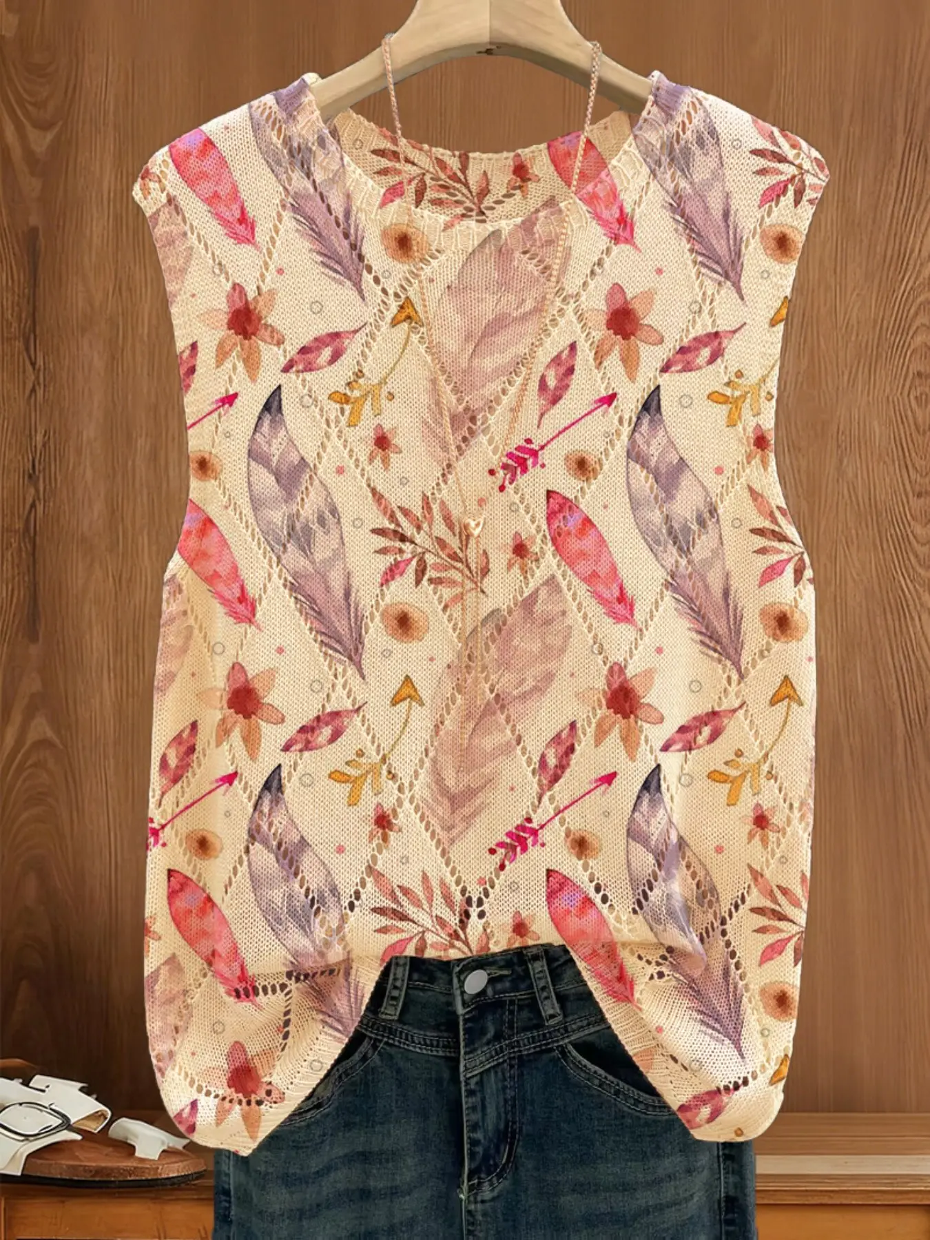 Women's Spring Summer Rhombus Hollow Out Feather Print Round Neck Casual Knit Top, Versatile Beach Style Pullover Vest