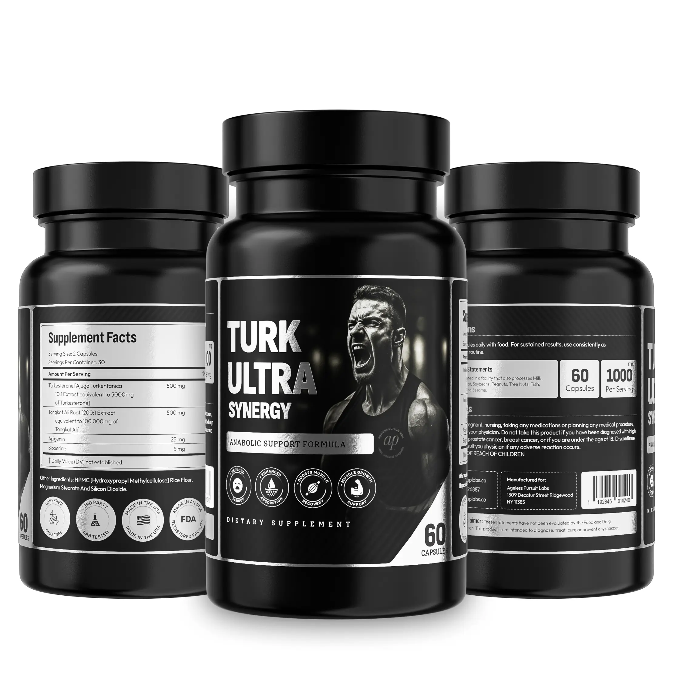 Turk Ultra Synergy - Turkesterone + Tongkat Ali + Apegenin + Bioperine | High-Potency Strength, Recovery, Endurance Formula | 60 Capsules | Non-GMO, Gluten-Free, Vegan Friendly | Third-Party Lab Tested | US Manufactured - Fitness