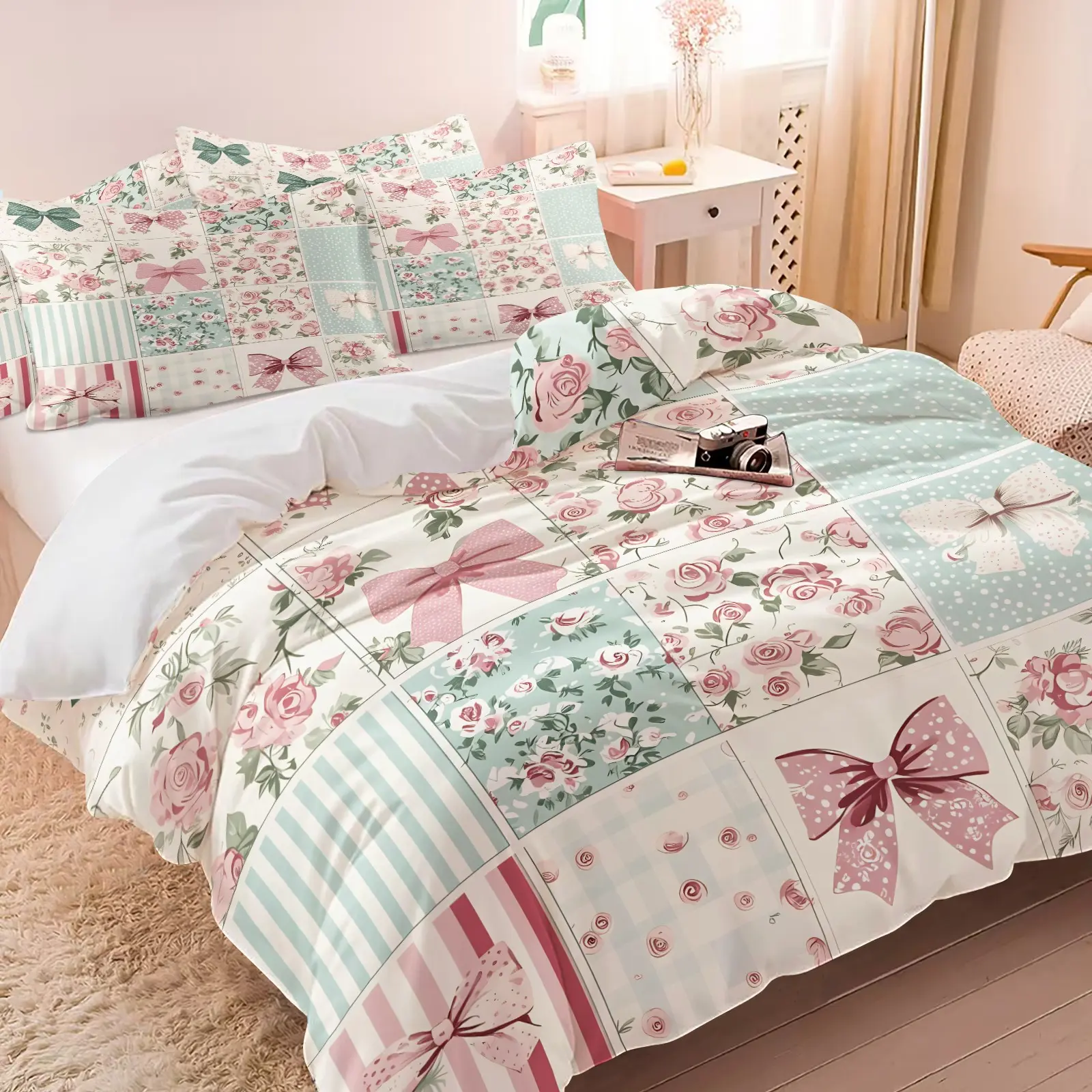 Fresh Macaron Rose Bow Print Duvet Cover Set, Includes 1 or 2 Pillowcases, Soft Comfortable Fabric, Suitable for All Seasons, Girl's Bedroom Decor