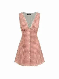 Cider Cotton-blend Gingham V-neck Scallop Hem A-line Mini Dress