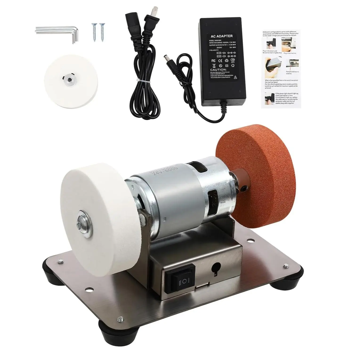Electric Mini Bench Grinder Sharpener - 96W Benchtop Power Tool with 2 Grinding Wheels, Forward/Reverse Switch, Versatile Use, Metal Compatibility, Woodworking Sanding, Knife Making, 6.3x3.9x3.9in Metal Task Tool