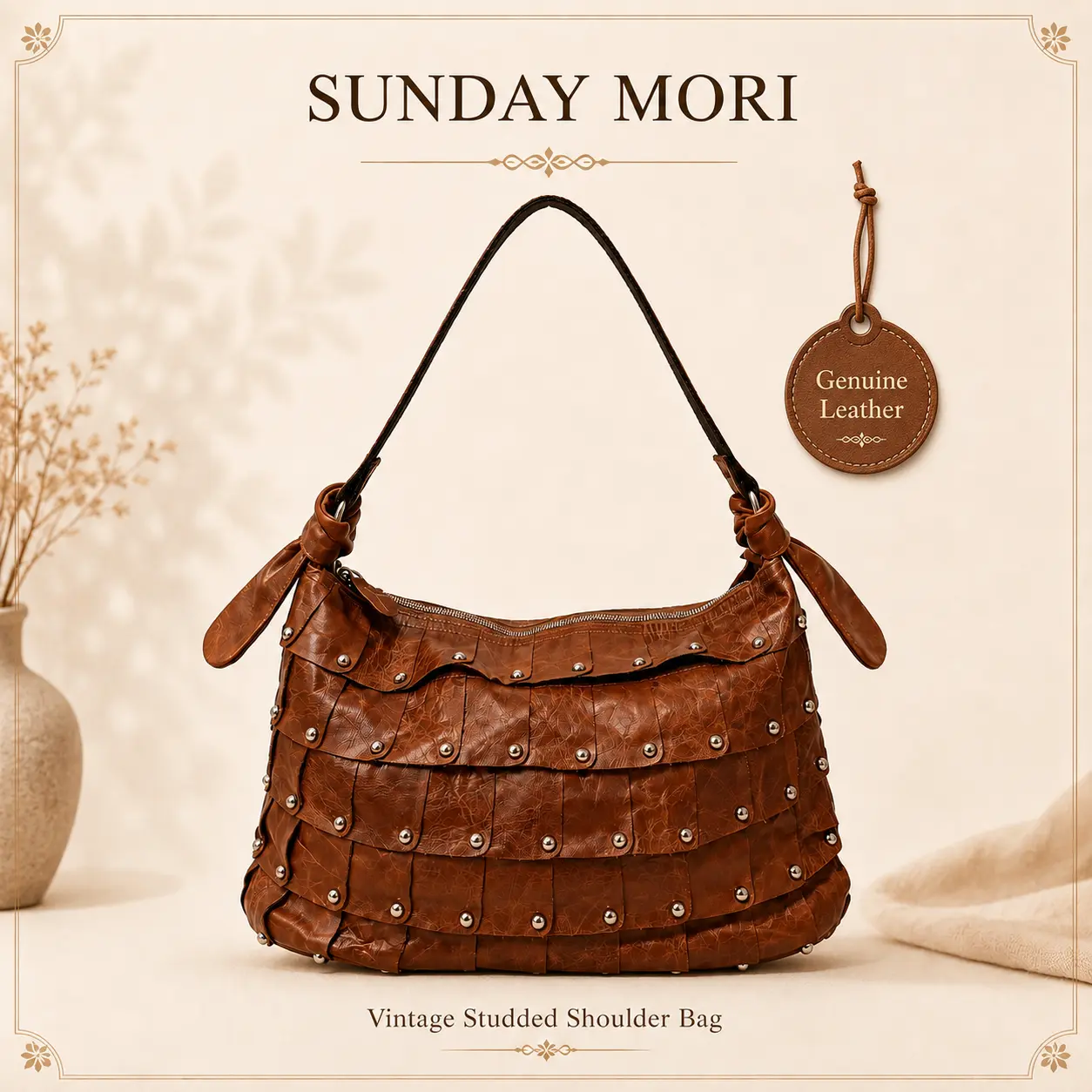 SUNDAY MORI Women's Vintage Studded Genuine Leather Shoulder Bag - Slouchy Hobo Leather Purse with Zipper, Roomy Casual Fashion Everyday Bag for Women, Everyday Bags, Leather Purses