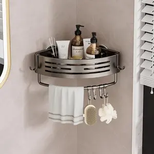Triangular Suction Cup Shower Racks,Corner Shower Caddy Suction Cup, Shower Shelves Organizer for Bathroom Storage, Aluminum No-Drilling Removable Rustproof Shower Shelf Rack with Towel Bar & Hooks