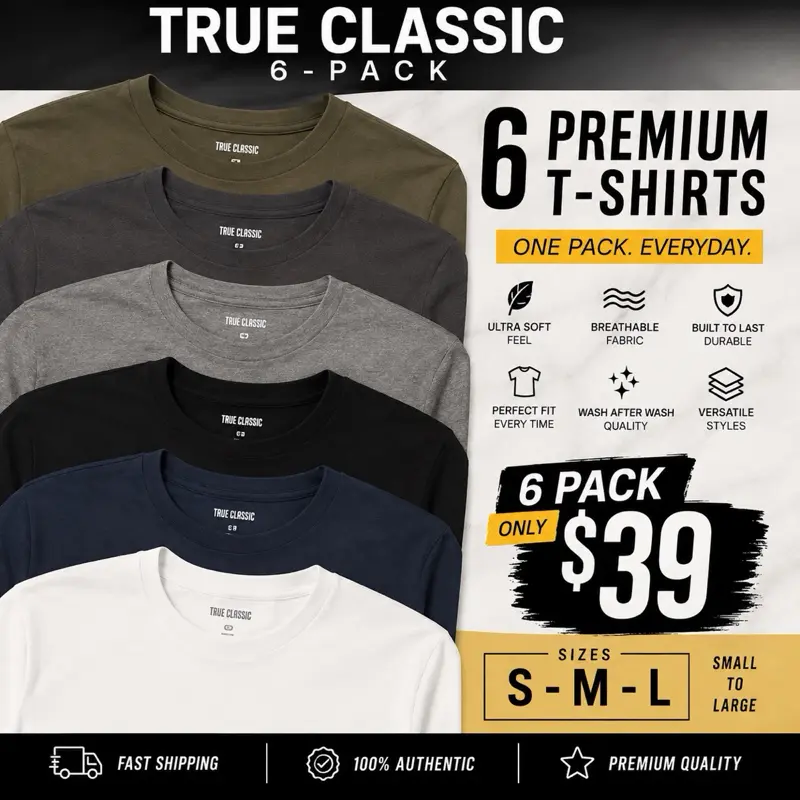 True Classic Men’s 6-Pack T-Shirts, Soft Premium Everyday Tees, Sizes S-L