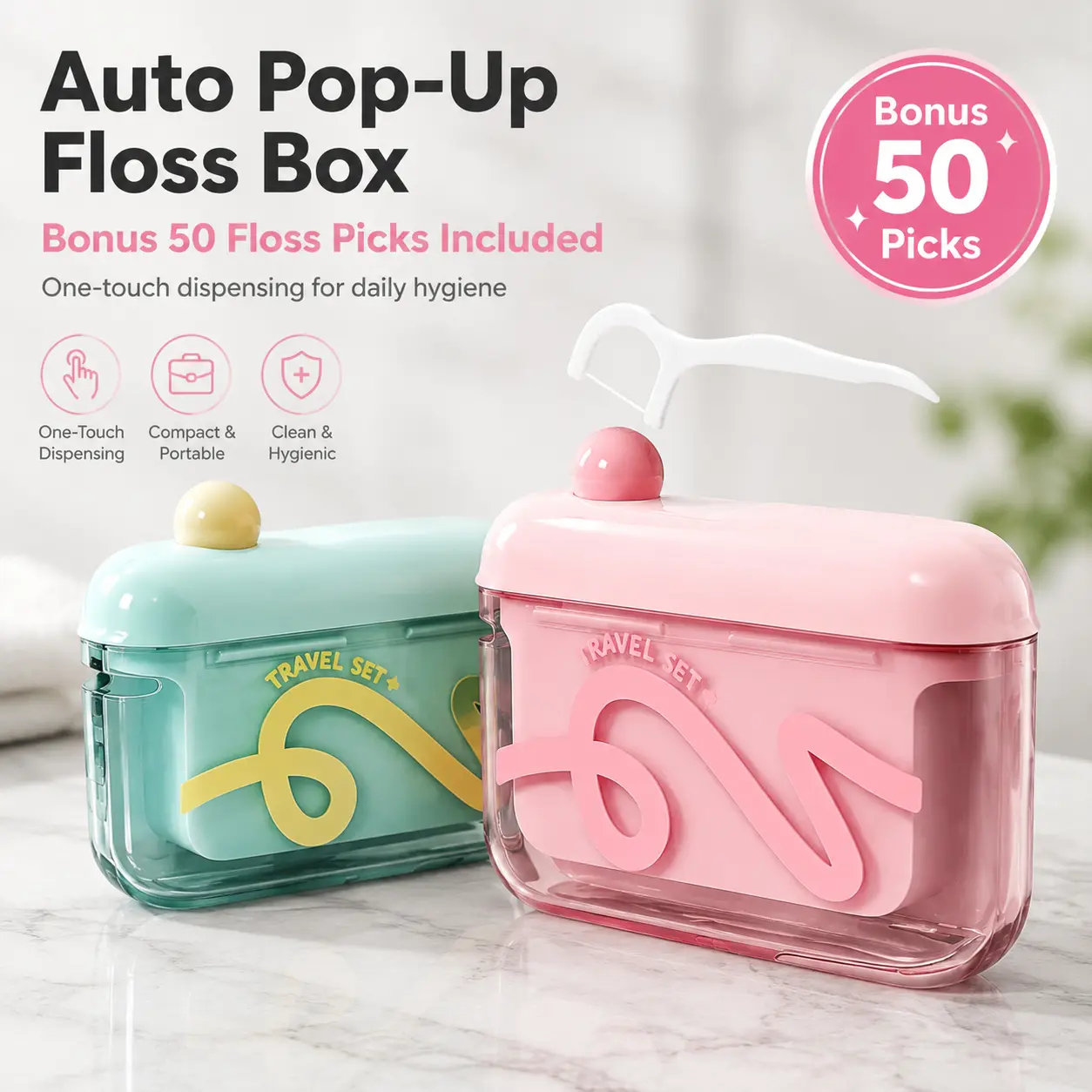 Oral Auto Pop-Up Floss Kit, Portable Refillable Dental Floss Storage Box with 50 Teeth Flossers Picks for Daily & Travel Use