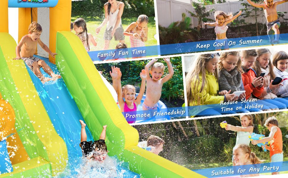 JOYMOR Inflatable Water Slide Park w/ 83x40 in Deep Swimming Pool, Shower Spray, Sticky Ball, Climbing Wall, Water Slides Inflatables for Kids and Adults Backyard Outdoor Fun (Air Blower Included)