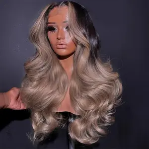 13x6 Ombre Black to Gray Ash Blonde Highlight Human Hair Wig 210% Density Ashy blonde highlights with Natural Growth Black Body Wave Wig Pre Plucked Silky Long-Lasting Colored Wig for Woman