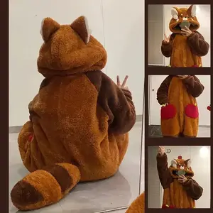 Winter Cute Cartoon Animal Velvet Jumpsuit Pajams Warm Fleece-lined Hooded Nightgown Raccoon Cosplay Ear Tail Sleepwear Clothes