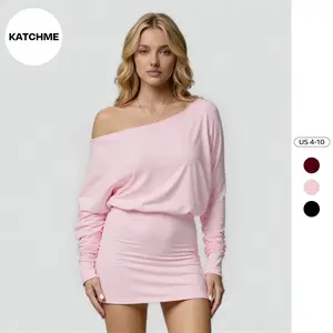 KatchMe Women's Elegant Sloping Shoulder Solid Color Bodycon Dress, Minimalist One Shoulder Long Sleeve Dress with Thumb Hole, Street Womenswear