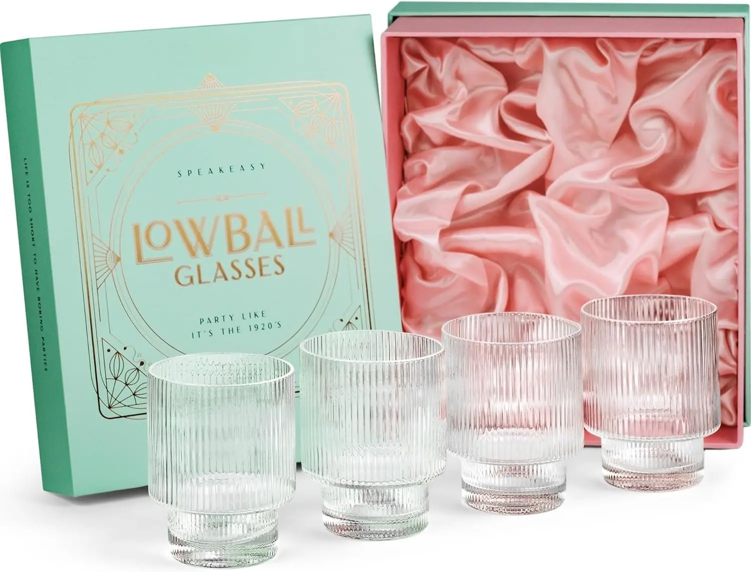 Art Deco Ribbed Lowball  Glasses | Set of 4 | 12 oz  Double Old Fashioned Tumblers for Drinking Classic , Gin,  Bar Drinks | Round Glassware