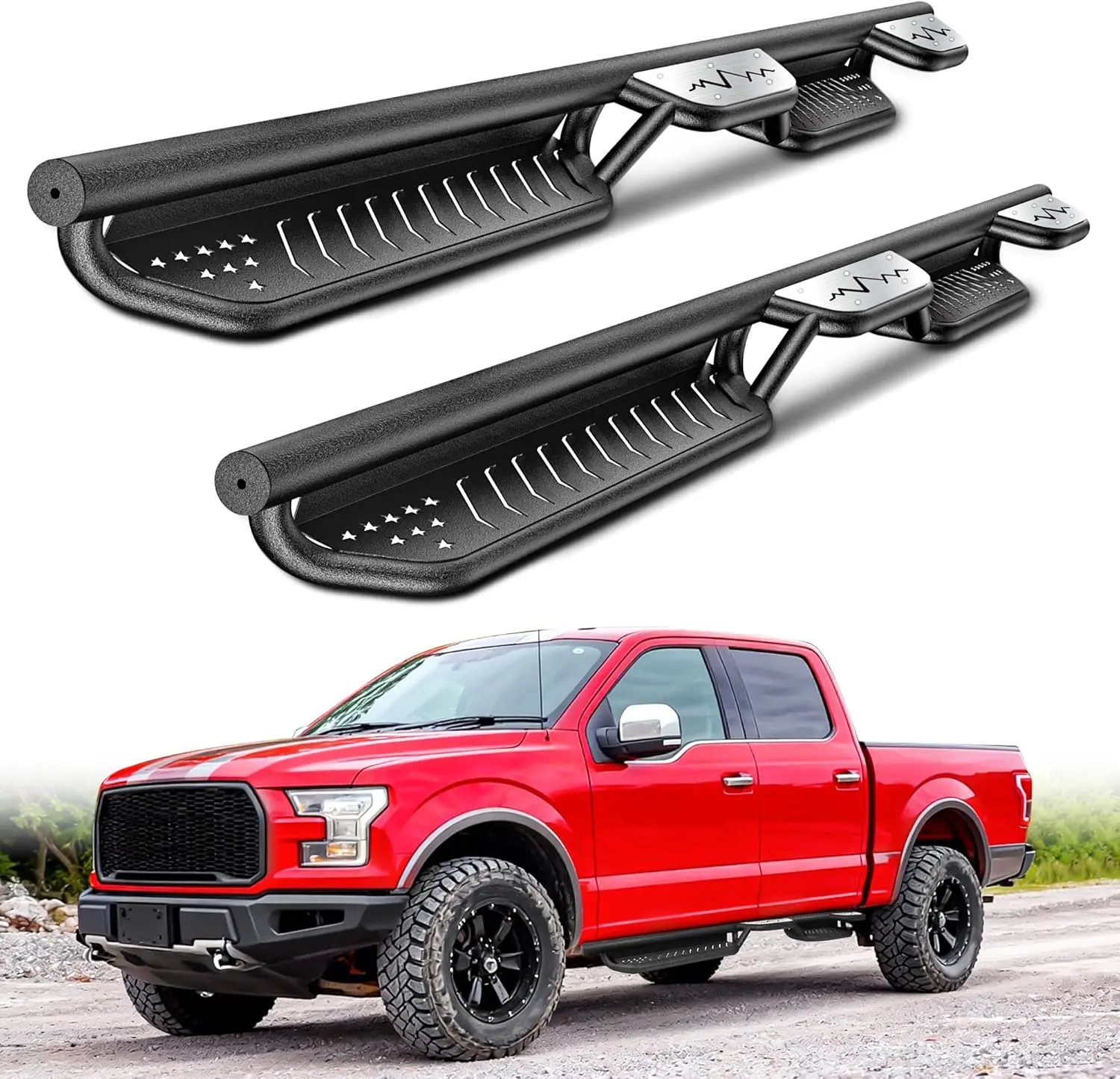 MONOKING Wheel-to-Wheel Side Steps Runing Boards for 2015-2026 F150, for 2022-2026 F150 Lightning, 17-26 F250 F350, Anti-Rust Stainless Steel Raised Step Running Boards with Mountain Cutout Carbon Steel Nerf Bars MagSafe Wallet Apple Find My