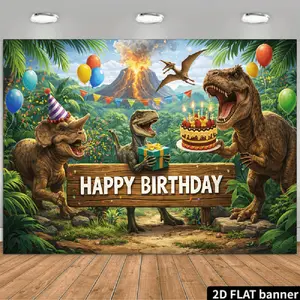 2D Flat Banner Polyester Photography Backdrop, HD Digitally Printed Dinosaur Birthday Party Theme Background Cloth with Jungle, Volcano, Balloons, and "Happy Birthday" Sign, Soft Lightweight Foldable Machine Washable Photo Backgro
