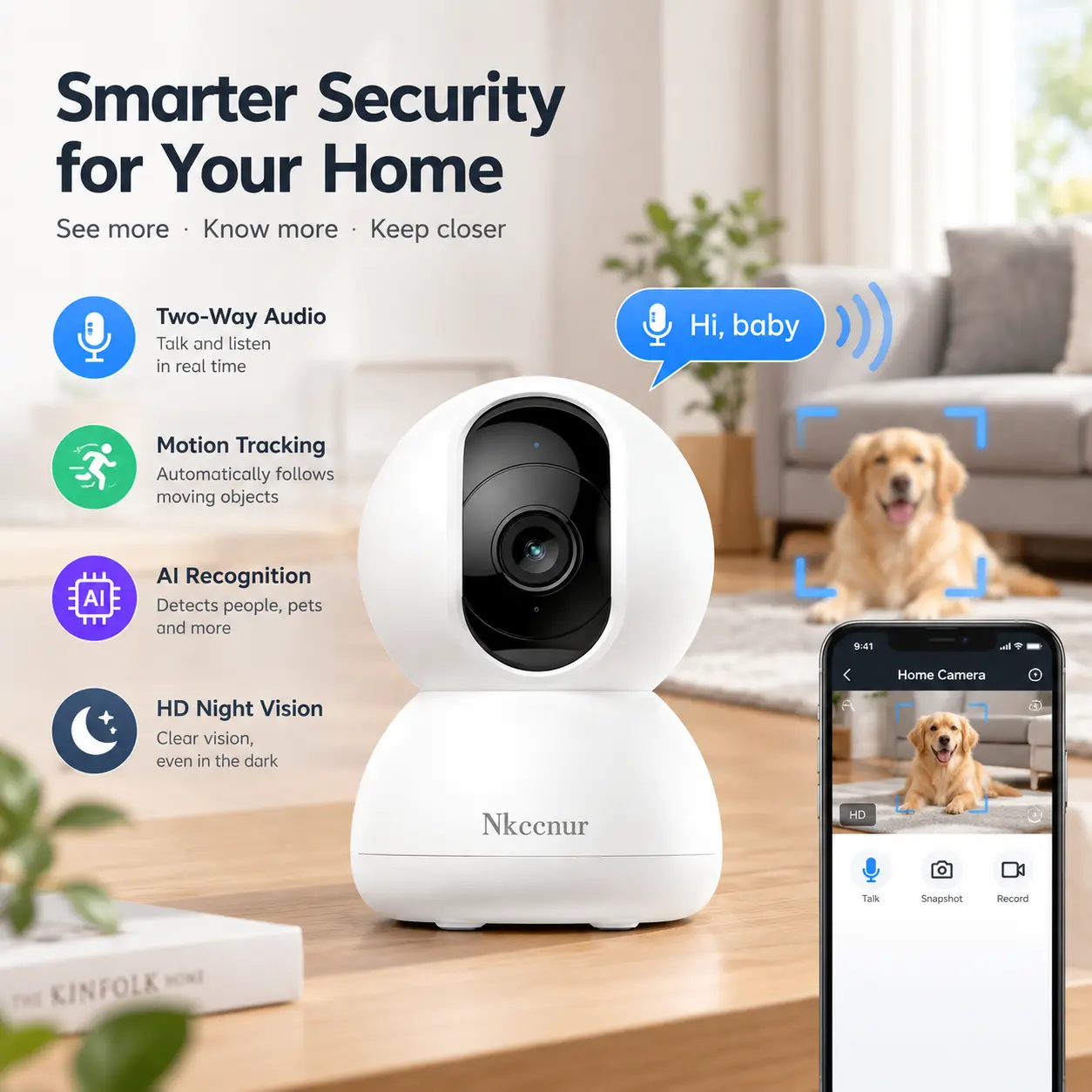 NKCCNUR  1PC Black/White Indoor Baby & Pet Monitor Camera, 6MP HD Display, 2.4G/5G WiFi Connection, Smart AI Human/Pet Detection, Motion Tracking, HD Night Vision, Two-Way Audio, Real-Time Recording, Indoor Security Surveillance