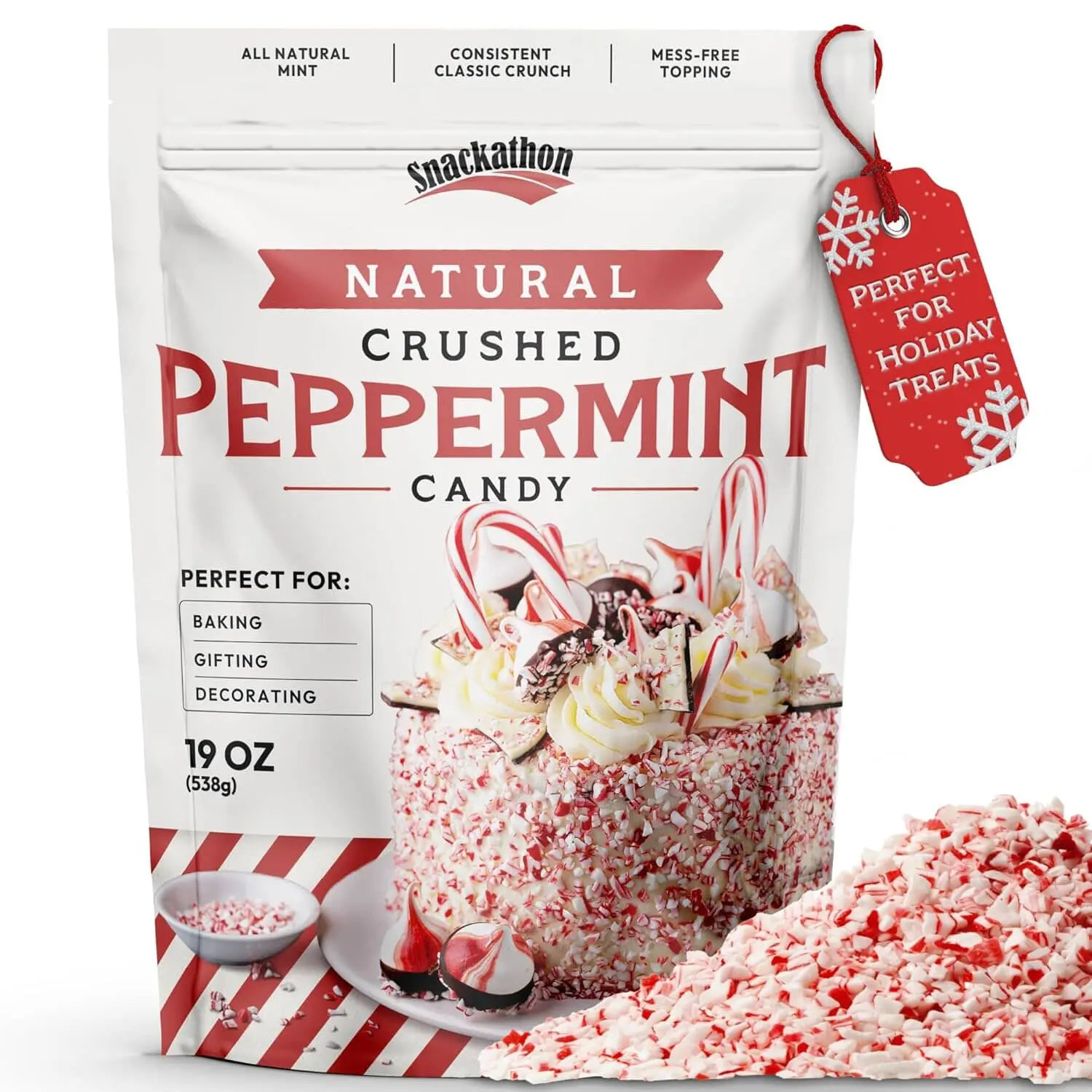 Snackathon Crushed Peppermint Candy Pieces, Natural Red & White Mint Bits, Resealable Bag – Topping for Baking, Hot Cocoa, Ice Cream, Christmas Cookies & Holiday Desserts