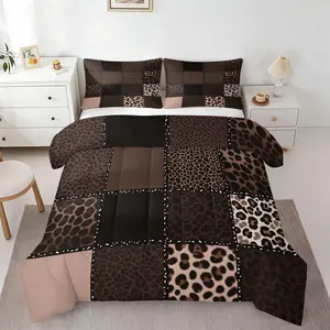 Chic Brown Monochrome Leopard Patchwork Quilted Comforter Set, Soft Breathable Microfiber Bedding with 1 or 2 Coreless Pillowcase, Neutral Tone Animal Print Warm Quilt, Modern Boho Bedroom Decor for Young Adults, Comfy Bedding Sets