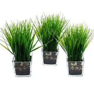 3 Pack Artificial Grass Plants in Square Clear Glass Pots with Faux Soil & Pebbles, Modern Tabletop Greenery Decorative Plants, Set of 3 Small Desktop Potted Plants