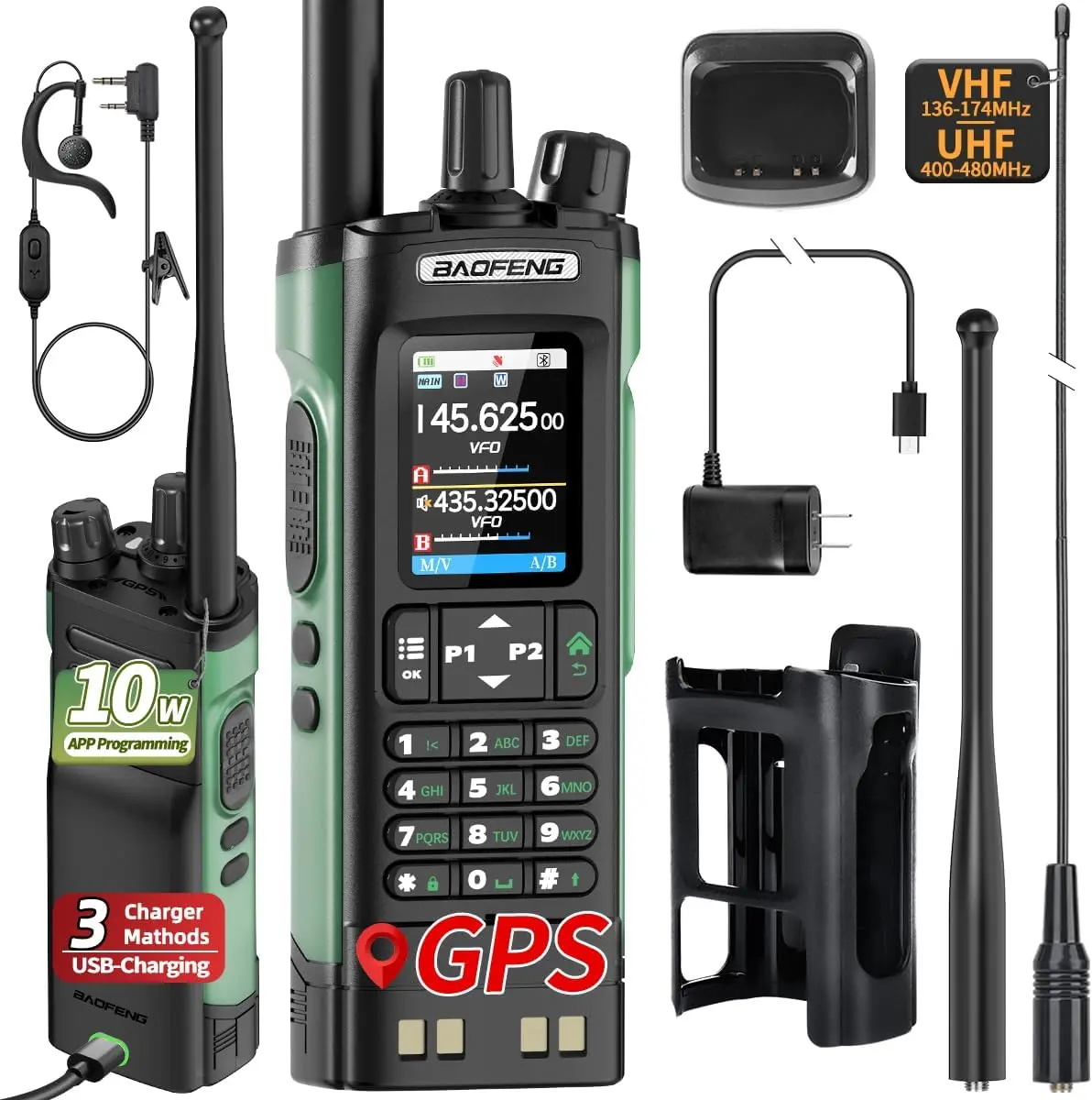 Baofeng UV-32 Digital Walkie Talkie, 10W Multi-Band Portable Handheld Ham Radio with High Gain Antenna, APP Programming, NOAA, USB Charging Port, Emergency Rig, 771 Antenna, Desktop Charger, Type-C Cable for Camping Survival