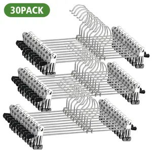 Heavy-Duty Metal Pants Hangers, Space-Saving Tangle-Free Design, for Women's Trousers Skirts Slack Clothes, 30-Pack with Black Plastic Clips, Ideal for Home Closet & Retail Store Organization