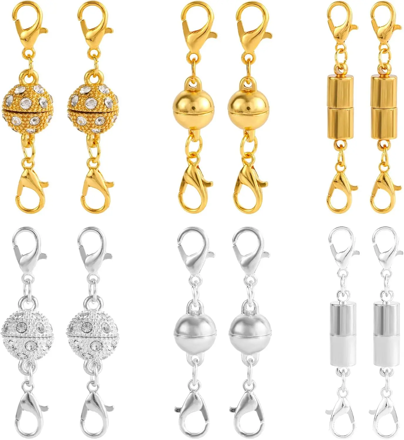 12pcs Magnetic Jewelry Clasps with Ball & Cylindrical Connectors, Alloy Locking Necklace Clasps Magnetic Jewelry Closures for Necklaces Bracelets (Gold & Silver), Alloy Material, Magnetic Closure