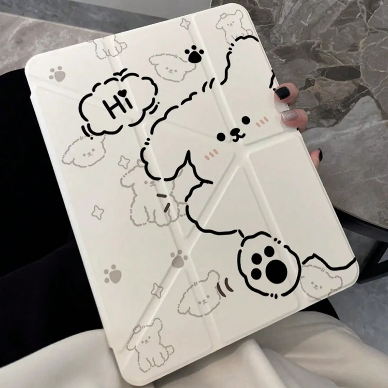 Line Puppy For iPad A16 2025 Air 11 13 M2 M3 Pro 11 13 M4 2024 Air 4 5 10th 10.9 Pro 11 9th 8th 7th 10.2 Pro 12.9 4th 5th 6th Transparent Back Cover Y Fold Protective Case Tablet Protective Cover Tablet Casing iPad Accessories