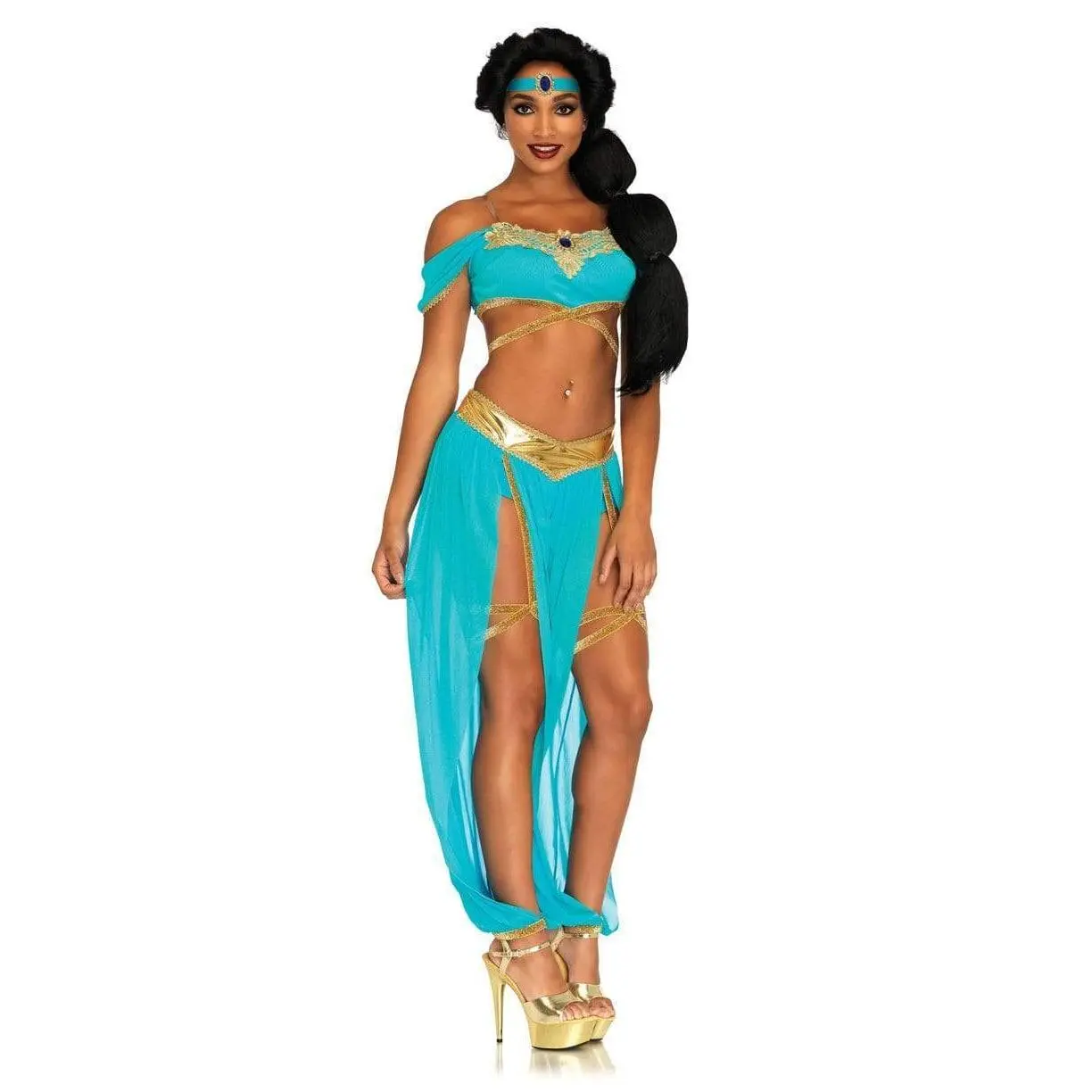 Leg Avenue Oasis Princess Costume Womens Halloween Jasmine-Inspired 4PC Set - Polyester Spandex stretch crop wrap top with gold applique, split-leg harem pants, attached booty shorts, jewel headband, accessories