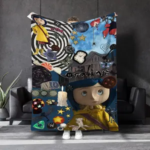 Coraline Movie Poster Blanket - Modern Dreamy Coraline Animated Movie Poster Pattern Blanket,Soft and Warm Knitted Polyester, Suitable for Bedroom, Sofa, Bed, Car, Travel, with Digital Printing, Suitable for Year-Round Comfortable Bedding, Leisure Blanket