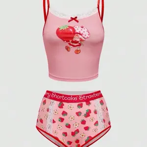 Strawberry Print Wireless Contrast Lace Lingerie Bra & Panty Set Kawaii Shortcake Design