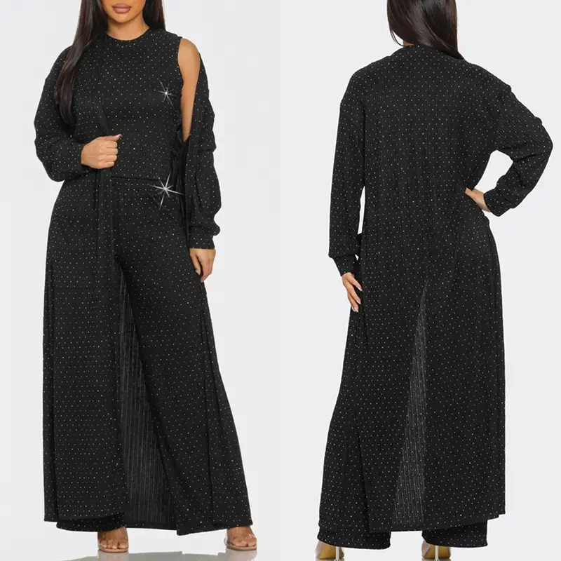 CHICME Women's 3 Pieces Outfits Cozy Comfort Glitter Long Sleeve Longline Coat and Cropped Ribbed Knit Tank Wide Leg Pants Set