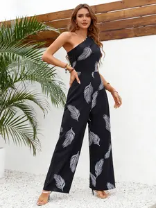 One piece set of women's casual black feather printed Sleeveless one shoulder wide leg jumpsuit, Womenswear, loose and slimming, suitable for all seasons, suitable for home, indoor, and outdoor wear
