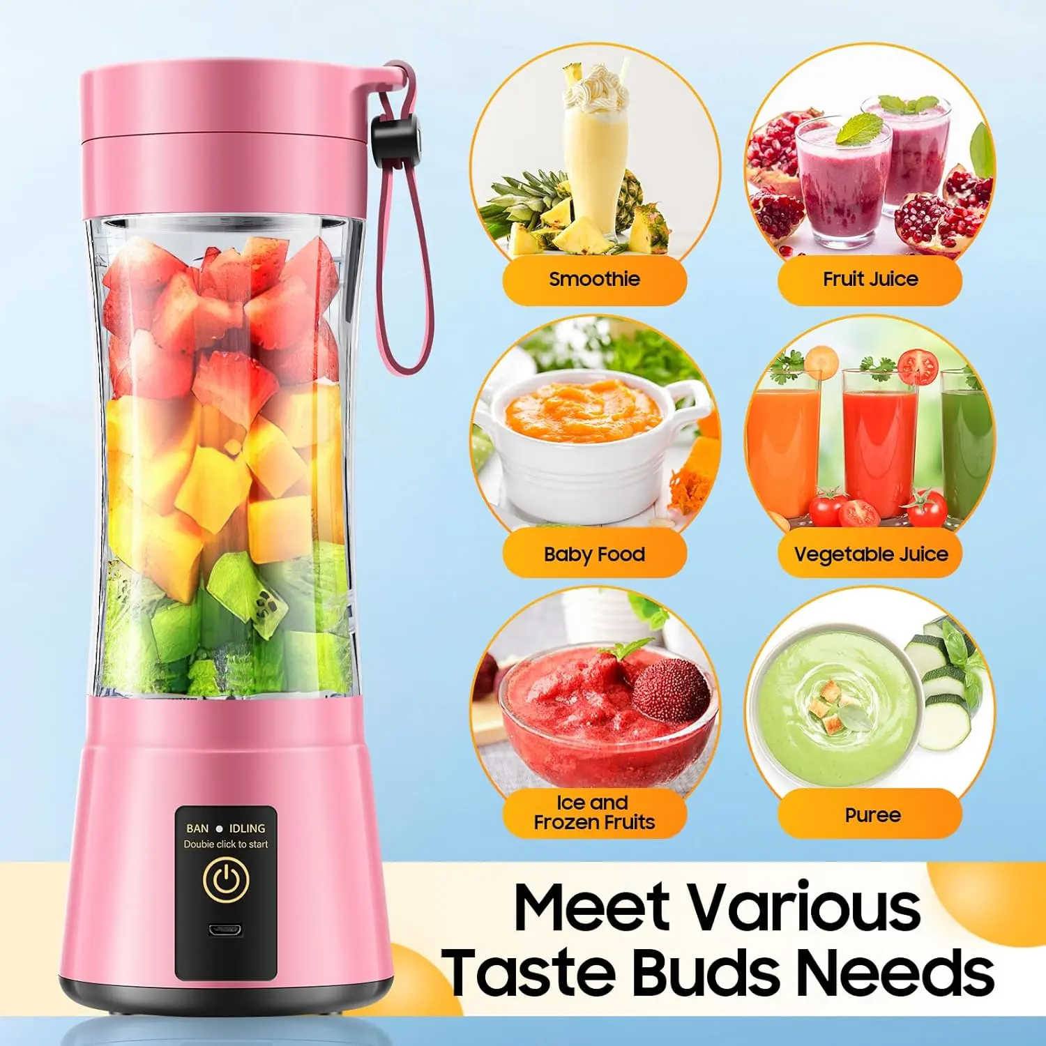 Portable Personal Size Blender - Mini Blender Make Smoothies and Shakes, 380Ml BPA Free Travel Cup, Powerful Blending Suit in Office/Home/Gym