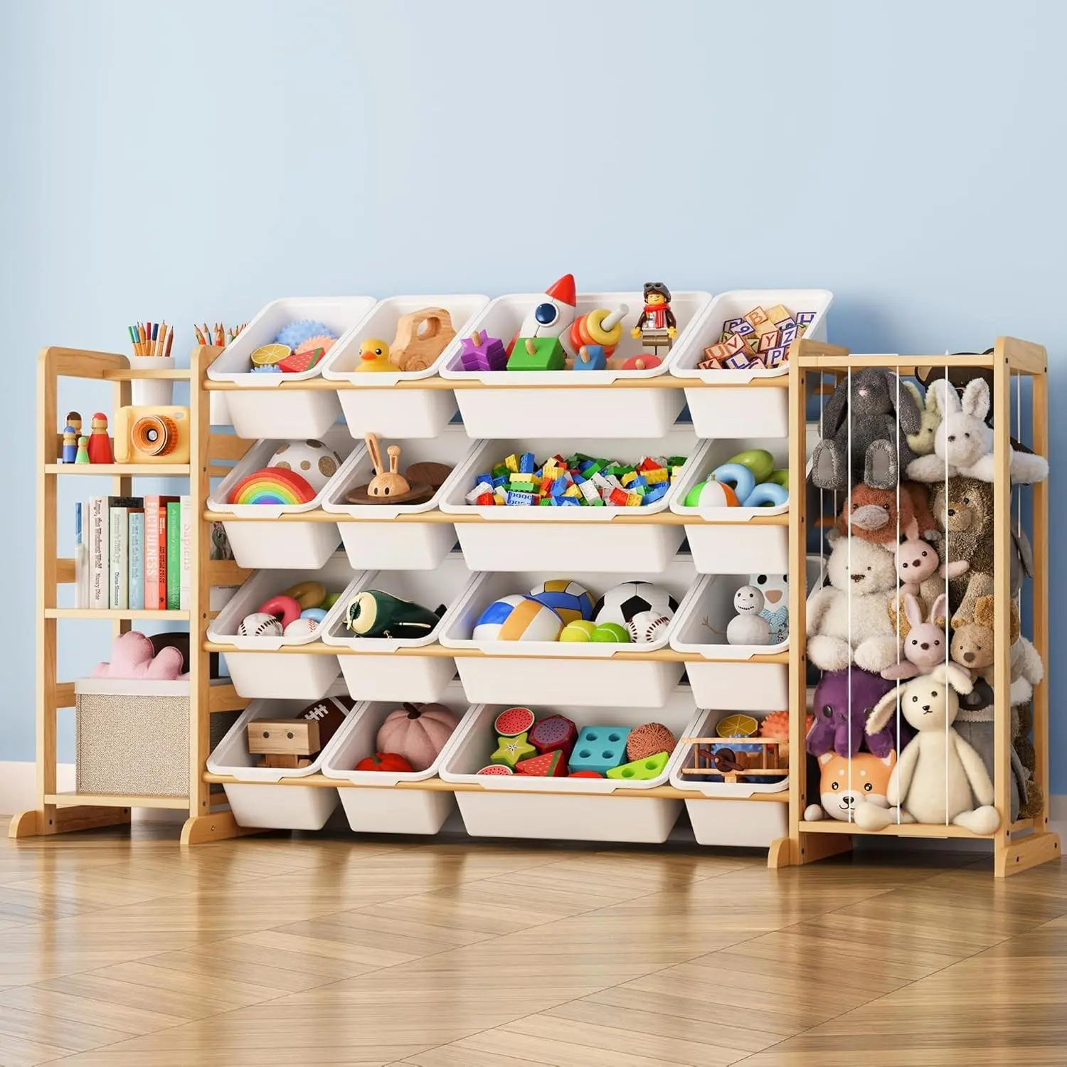 Functional Rectangular Toy Storage Organizer - Small Room Organization Products with Bookshelf, 12 Bins, Clever Lego Storage, Bedroom Decor Essentials (Organization Ideas Included)