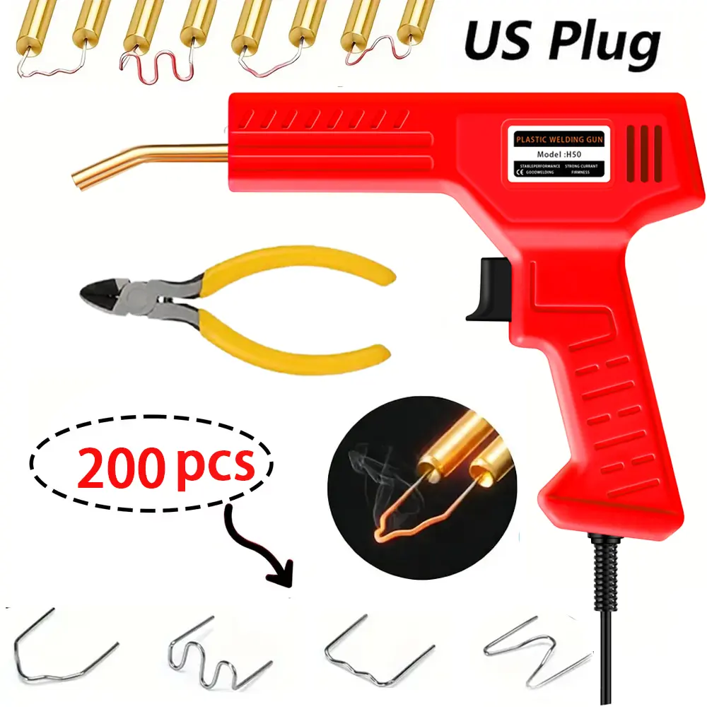 Plastic welding machine for car bumper repair, equipped with a plastic welding gun set of 200 welding nails and pliers, suitable for repairing most plastic crack repair kits