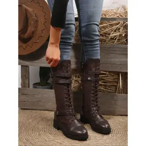 Women's High-Top Saddle Boots with Buckle Strap, Cowgirl Western Boots, Fashionable Durable Riding Shoes for Trendy Women, Stylish Footwear for Casual Wear