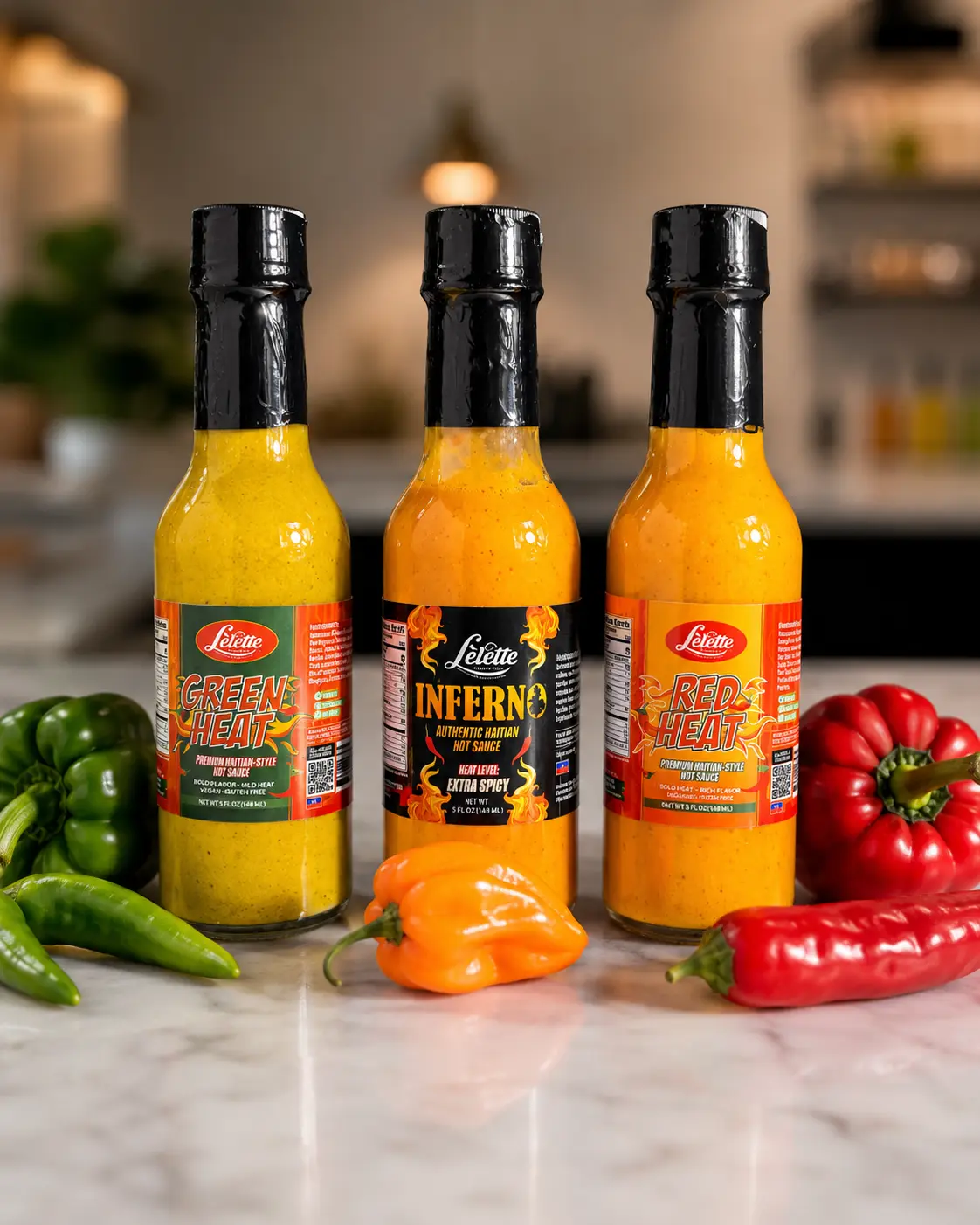 Lelette Hot Sauce Variety Pack – RED HEAT, GREEN HEAT & INFERNO (3 × 5 fl oz / 148 mL)