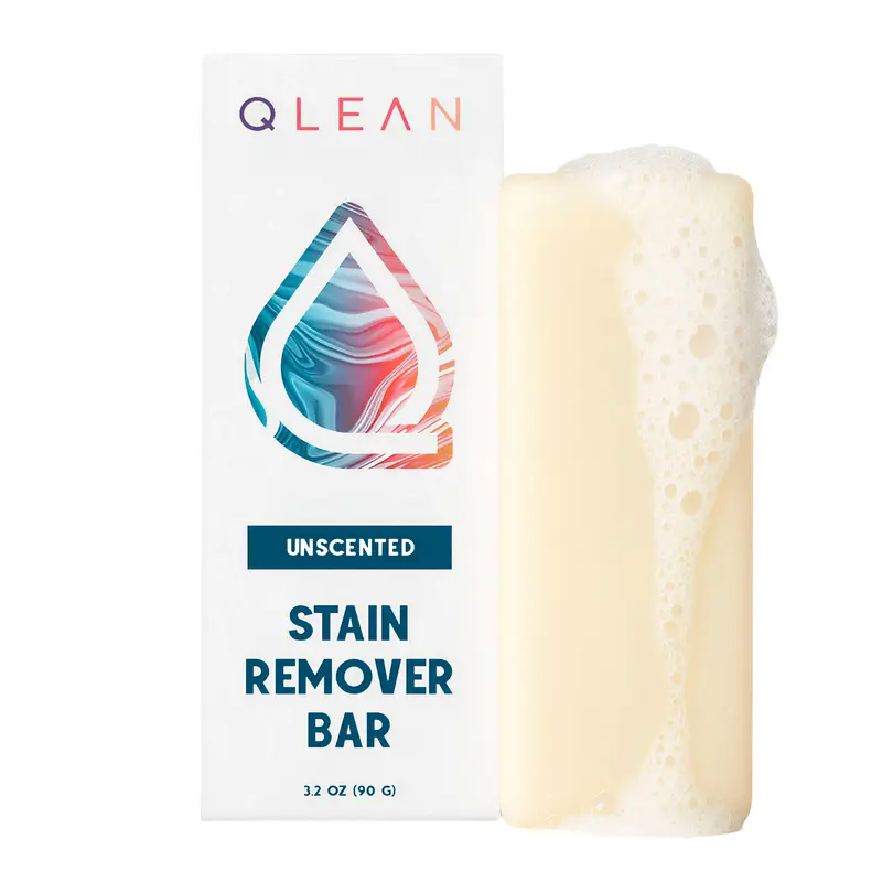 Qlean Vegan Stain Remover Bar for Fabrics, Laundry Bar Soap for Clothes – Plant-Based, Travel-Friendly Stain Remover for Grease, Wine, Coffee, Grass & More – Non-Toxic & Safe for Delicates (3.2 oz)